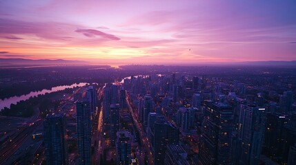 Fototapeta premium City Skyline at Dusk with a River and a Purple Sky