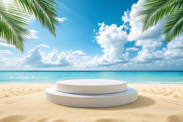 Obraz premium Tropical beach pedestal display, summer ocean background