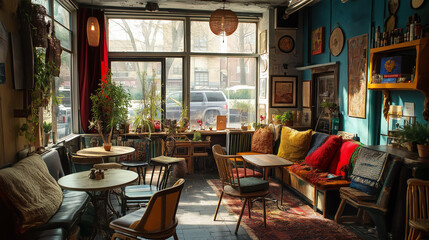 Cozy cafe with mismatched furniture and colorful decor exudes urban charm for inviting social spaces