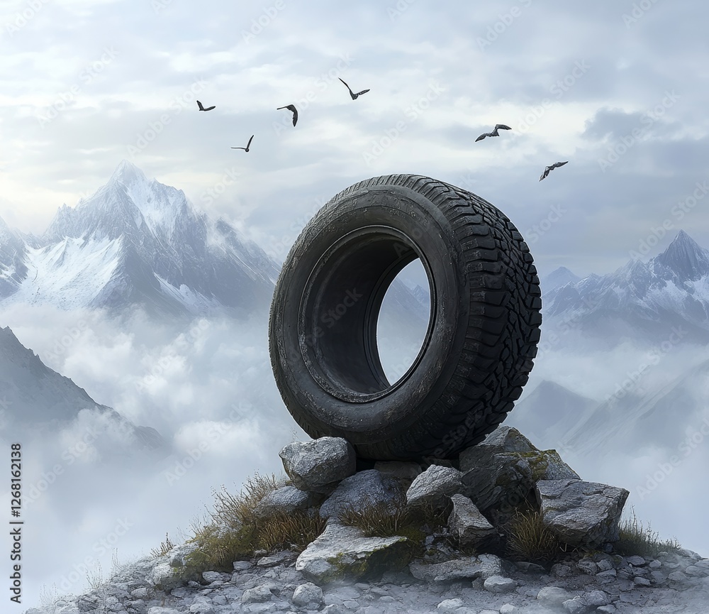 Wall mural A big off-road tire is perched on rocks in a mountainous landscape, with birds soaring overhead