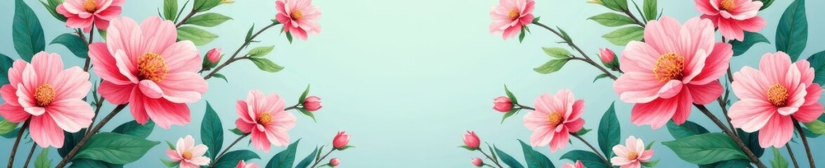 Fototapeta premium Vibrant pastel floral pattern on spring foliage backdrop, season, floral, botanical