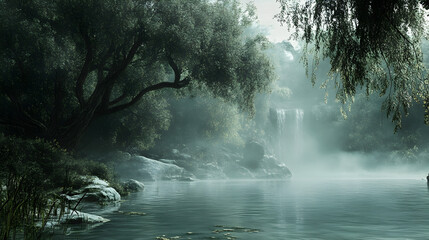 Tranquil Misty Waterfall and River in Forest - Scenic Wilderness Landscape