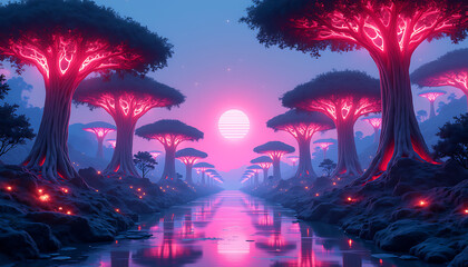 Surreal landscape with glowing trees and reflective river
