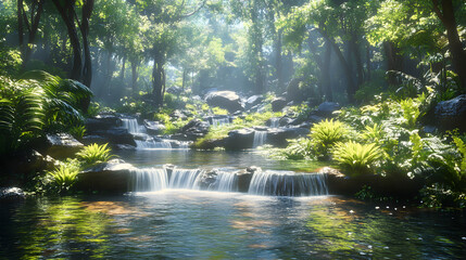Tranquil Tropical Waterfall in Lush Forest: Serene Nature Landscape with Clear River and Vibrant Greenery