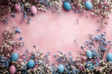 A pastel pink background with colorful Easter eggs and delicate flowers. blue and pink eggs surrounded by white and blue blossoms, festive spring atmosphere.
