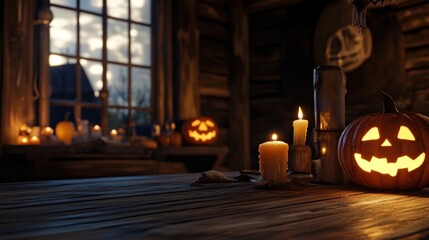 Halloween Jack O Lanterns Candles Rustic Cabin Setting