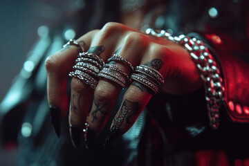 Woman with tattoos and rings on her hands holding a vintage camera, capturing a stunning sunset over the ocean.