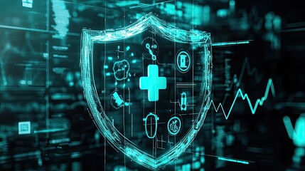 Naklejka premium A glowing blue digital shield with a cross in the center