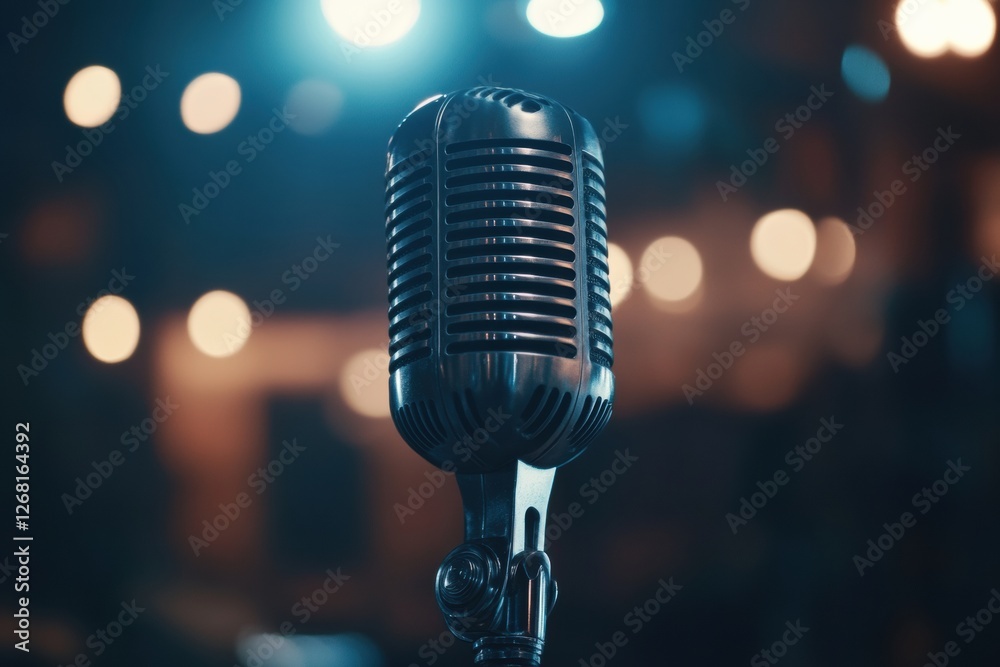 Poster Vintage microphone stands ready for a performance on stage with soft bokeh lighting in the background, creating an inviting atmosphere. Generative AI