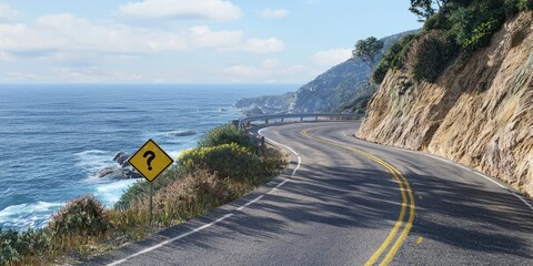 A scenic cliffside road with a sharp curve and a safety sign warning of the upcoming turn. The expansive ocean view provides a stunning yet cautious driving experience.