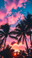 Tropical Paradise Sunset: Palm Trees Silhouetted Against Vibrant Cloud Formations for a Stunning Island Getaway