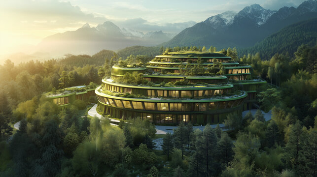 Sustainable Eco-Building Embracing Green Design And Emerald Hues For A Future Urban Oasis With Innovation