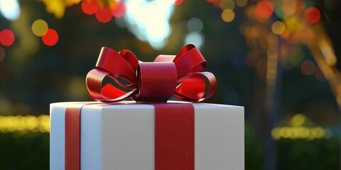 A large gift box wrapped in festive holiday paper, adorned with a large red bow. The box is perfect for a New Year s celebration or a holiday event.