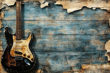 Worn electric guitar rests against rustic blue wood backdrop