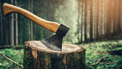 Old axe with wooden handle stuck in a tree stump forest. AI