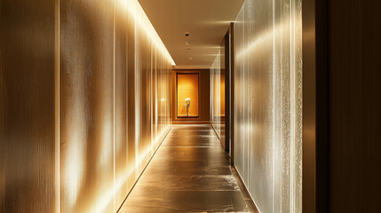 Elegant hotel corridor featuring sophisticated design, textured wall finishes, ambient lighting, and refined luxury details