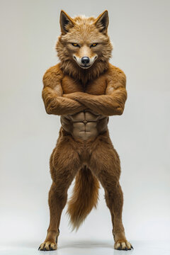 A man in a fox costume standing with his arms crossed