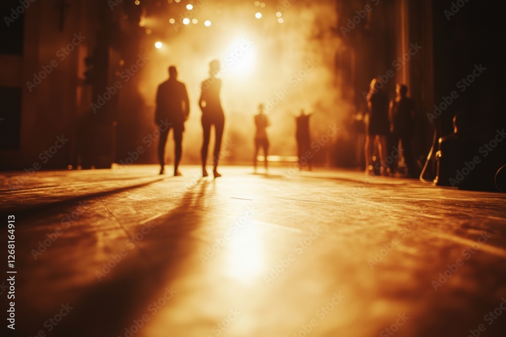 Poster cinematic action unfolds in warm tones with blurred actors on a stage during a dramatic performance.