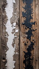 The rustic wood is divided into two horizontal panels, each showing a variety of paint splatters and stains in shades of white, black, and brown