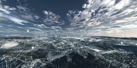 Fototapeta premium A virtual reality landscape representing cloud computing infrastructure with nodes and virtual connections spread across a digital horizon.