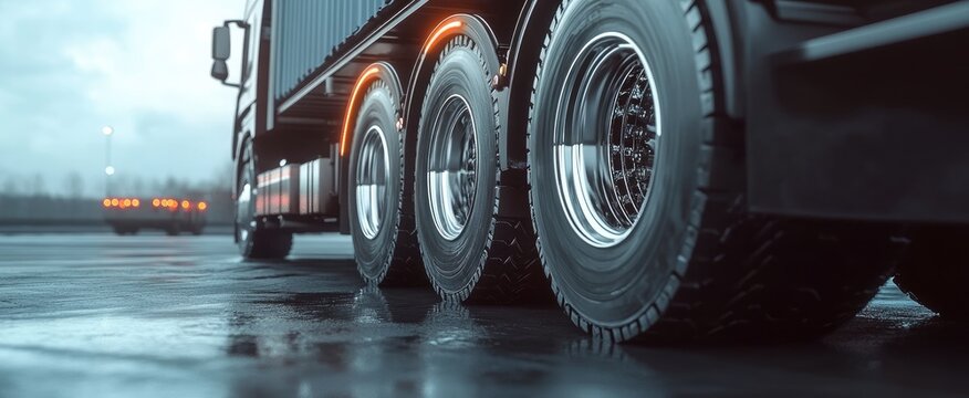 Close-up of Truck Tires on a Wet Pavement