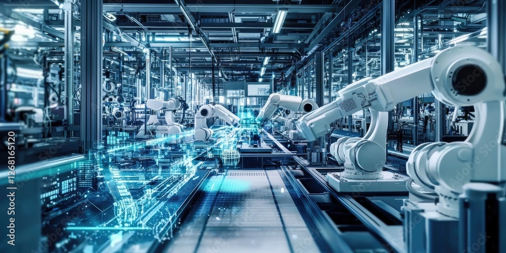 Aufkleber a digital illustration of a futuristic factory with advanced machinery and robots, symbolizing the f