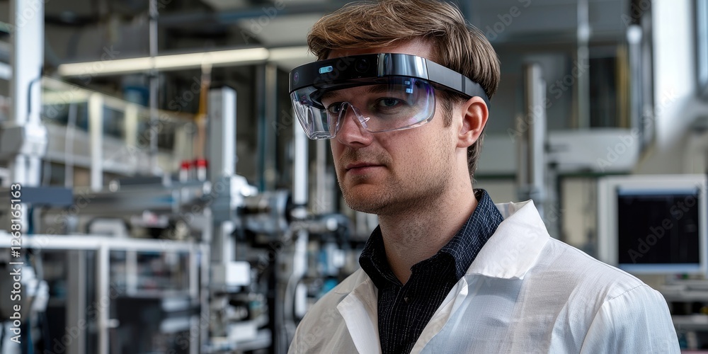 Aufkleber A researcher uses augmented reality glasses to monitor and optimize an automation system in an advanced laboratory setting, highlighting technological advancements in res