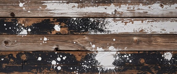 The rustic wood is divided into two horizontal panels, each showing a variety of paint splatters and stains in shades of white, black, and brown