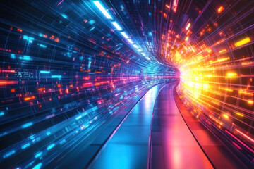 Vibrant, futuristic tunnel illuminated by colorful lights, creating a mesmerizing visual display.