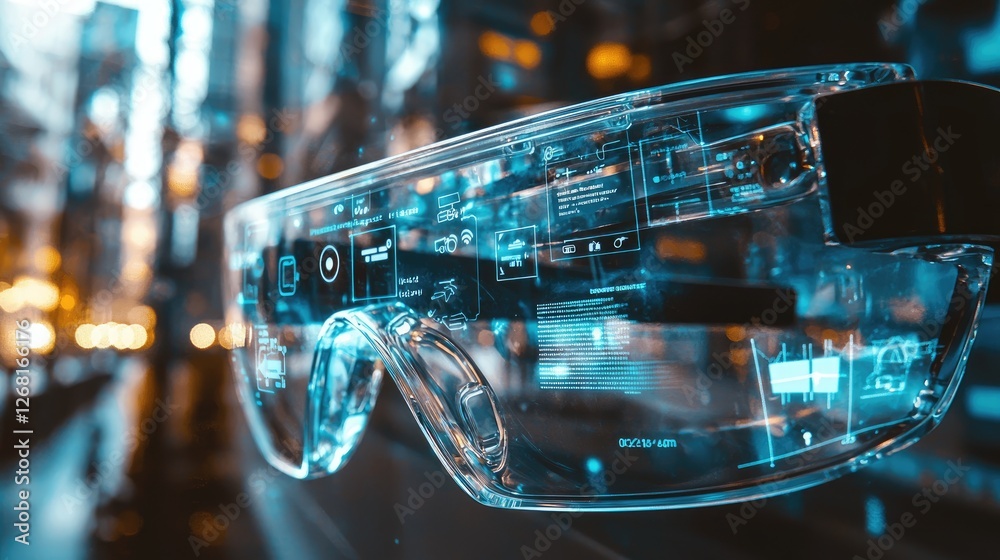 Aufkleber A macro shot of AR smart glasses displaying digital icons and alerts superimposed on the real world for user-friendly interaction.