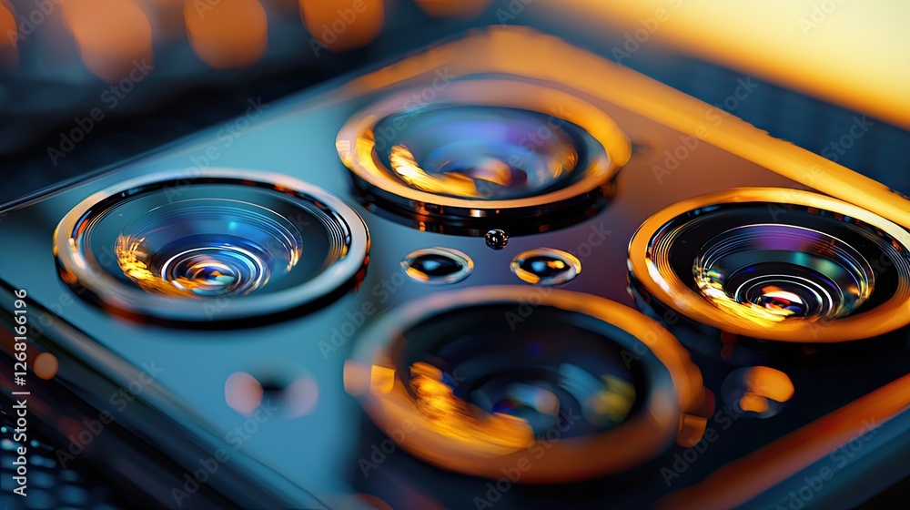Fototapete macro view of a smartphone s camera module featuring a multi-lens arrangement with detailed reflecti
