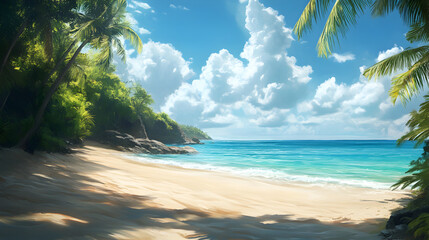 Tropical Beach Paradise with Palm Trees and Blue Ocean Waves - Scenic Vacation Getaway Destination