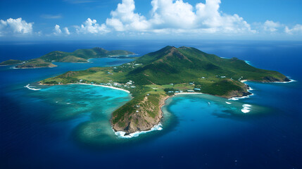 Naklejka premium Explore Stunning Tropical Island Oasis - Aerial View of Pristine Coastline, Crystal Clear Lagoon, and Unspoiled Wilderness