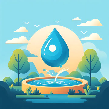 Aquatic Tranquility: Scenic Water Droplet Fountain in Serene Cartoon Landscape with Vibrant Sunset