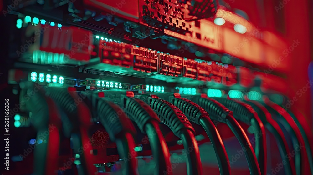 Fototapete Close-up view of a network cable linked to a firewall, with blinking LEDs indicating secure and encrypted data transmission technology.