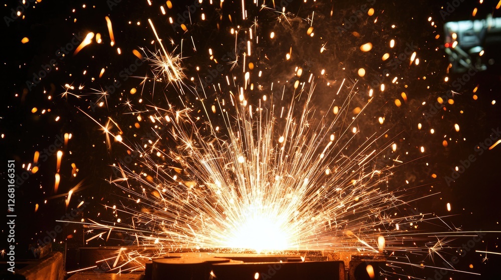 Fototapete Detailed view of a robotic welding setup, with sparks visible as the robot produces flawless welds for high-quality outputs.