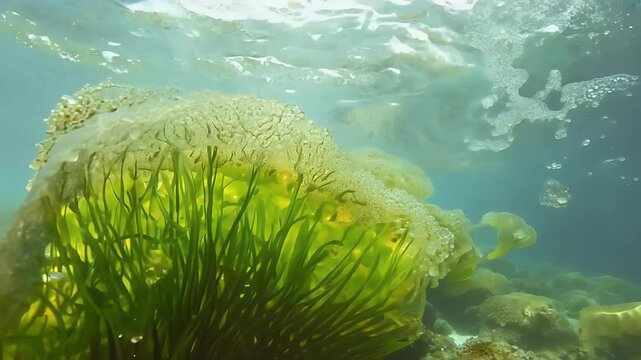 HD underwater footage showing sea lettuce gracefully moving ocean currents accompanied sea foam formed agitation seawater