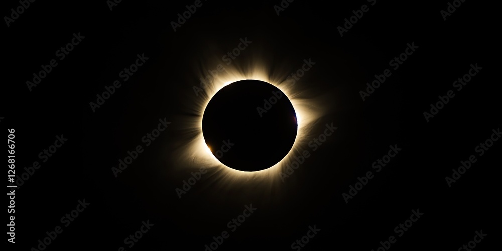 Poster a solar eclipse from space, with the moons shadow falling on Earth and the corona glowing around it.