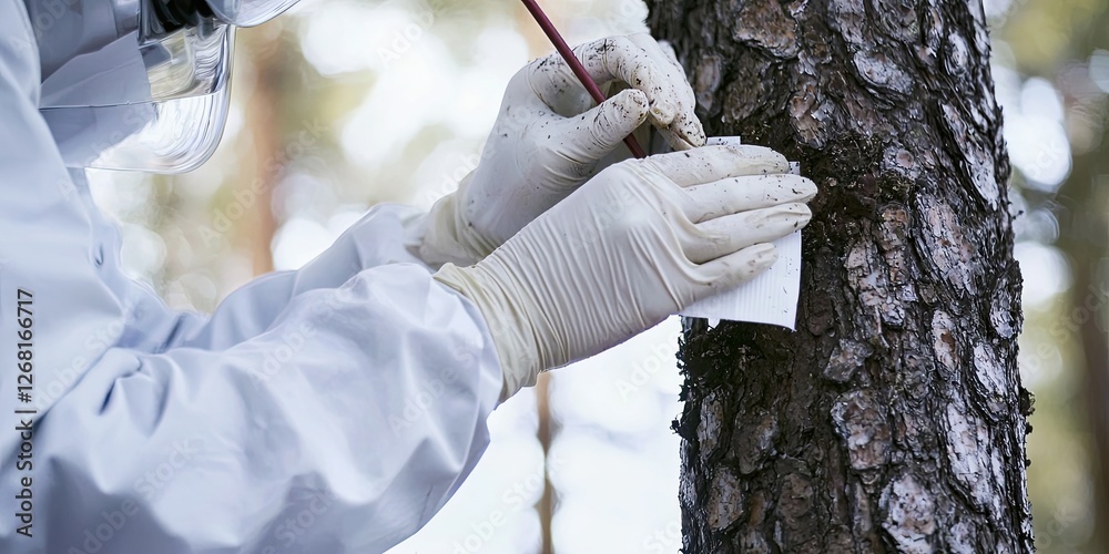 Poster a scientist extracting a core sample from a tree, representing the study of natural resources and their environmental impact.