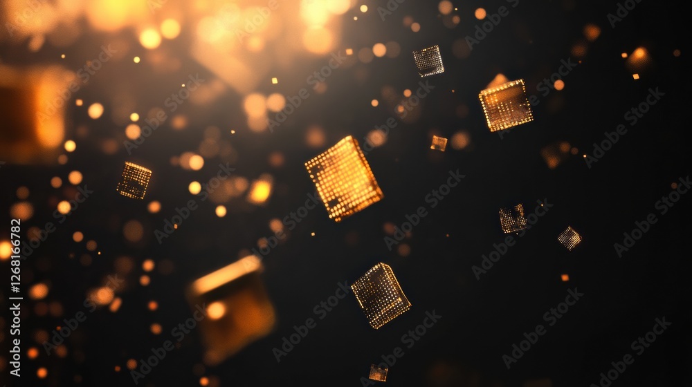 Fototapete Floating golden cubes with shimmering particles create a stunning abstract visual experience in a dark backdrop. Generative AI