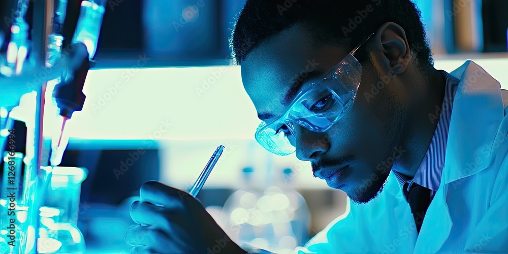 Wall mural a scientist writing notes on research data, with laboratory tools in the background, emphasizing the