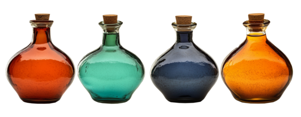 Four bottles of different shapes corked transparent background 