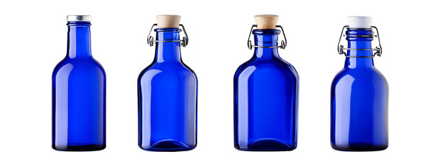 Blue bottles different shapes corked transparent background 