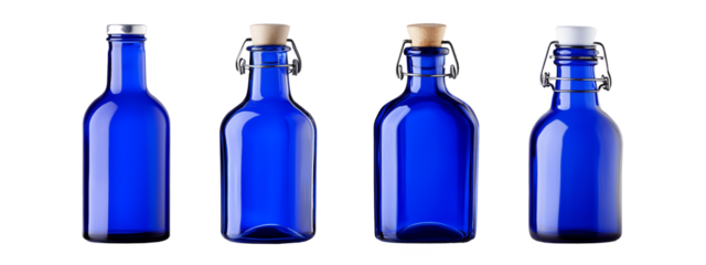Blue bottles different shapes corked transparent background 
