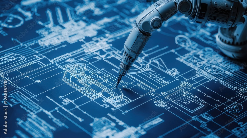 Poster Macro shot of a blueprint for robotic engineering, featuring detailed designs and specifications for a new project.