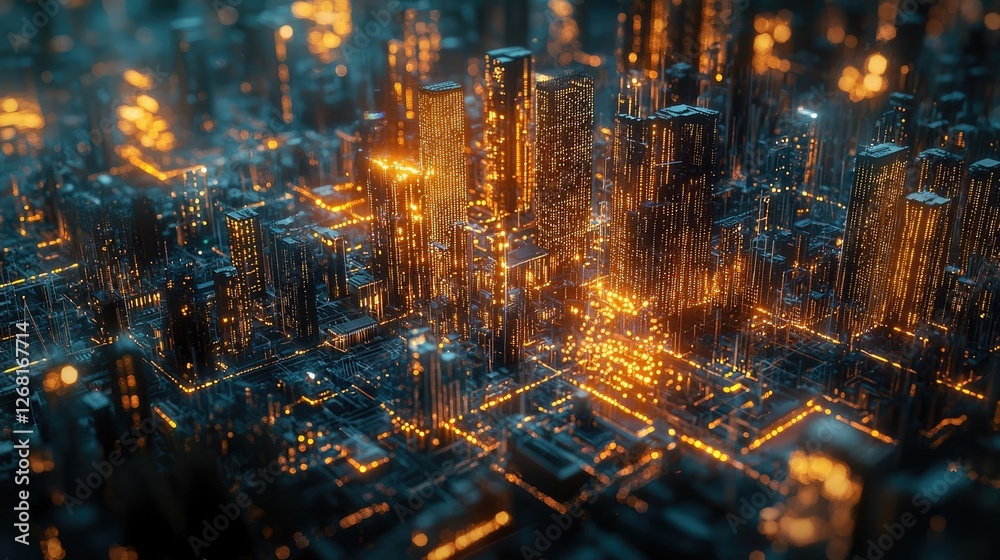 Fototapete High-resolution view of a smart city model showing interconnected structures illuminated by data lines.
