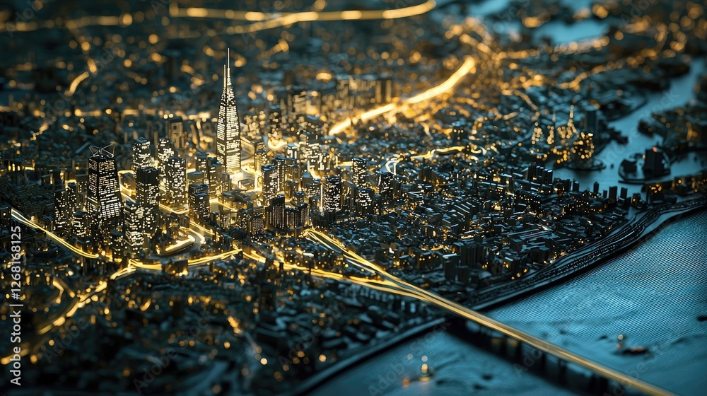 Fototapete High-resolution view of a smart city model showing interconnected structures illuminated by data lines.