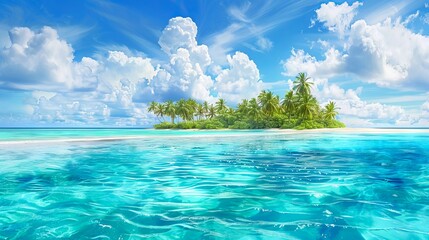 Watercolor Painting of a Vibrant Tropical Island with Lush Palm Trees and Turquoise Ocean Under a Cloudy Blue Sky