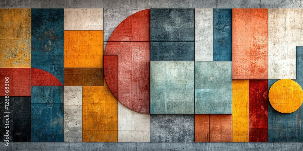Poster Abstract image with retro geometric patterns evoking nostalgia, featuring vintage-inspired shapes and colors arranged harmoniously with a mix of muted and vibrant tones.