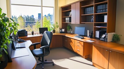 Modern Office Workspace with L-Shaped Desk and City View
